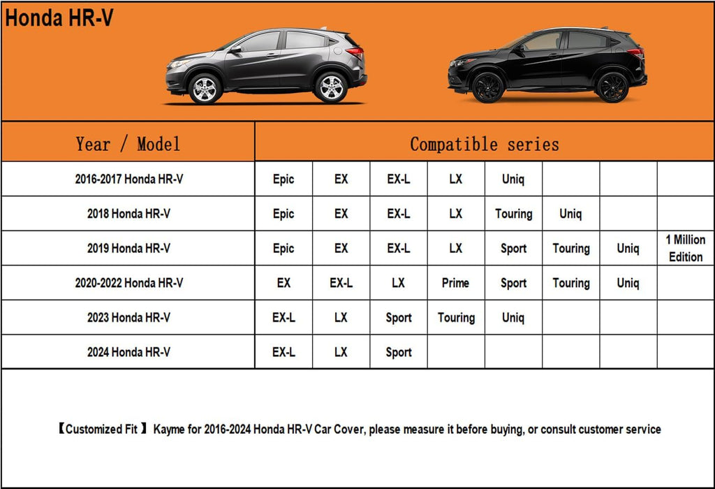 Kayme 7 Layers SUV Car Cover Custom Fit for Honda HR-V HRV (1995-2025) Waterproof All Weather for Automobiles, Outdoor Full Cover Rain Sun UV Protection.Black