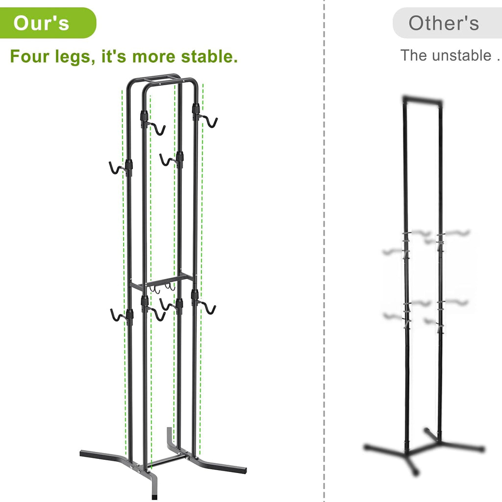 Dolibest 4-Legged Bike Racks Stands with Flexible Hooks, Heavy-Duty Floor Standing Bicycle Rack for Up to 4 Bikes, with 8 Adjustable Height and Angle Hooks, Easy to Install for Any Style Bicycle
