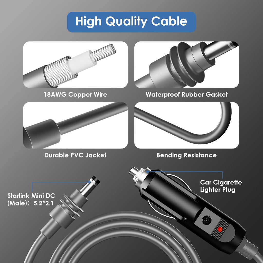 Starlink Mini Car Adapter Cable, 12V Cigarette Lighter to DC Power Cord, 10ft 18AWG Waterproof Charger for Starlink Mini Satellite Internet – 12 Volt Car Adapter (RV, Truck, Off-Grid Setup)