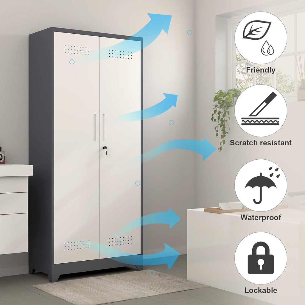 GREATMEET 72.8" H Metal Garage Storage Cabinets with Lock Door and Adjustable Shelves,Grey&White Broom Closet Storage Cabinet for Cleaning Supplies, Utility Closet for Garage, Bathroom,Kitchen,Home