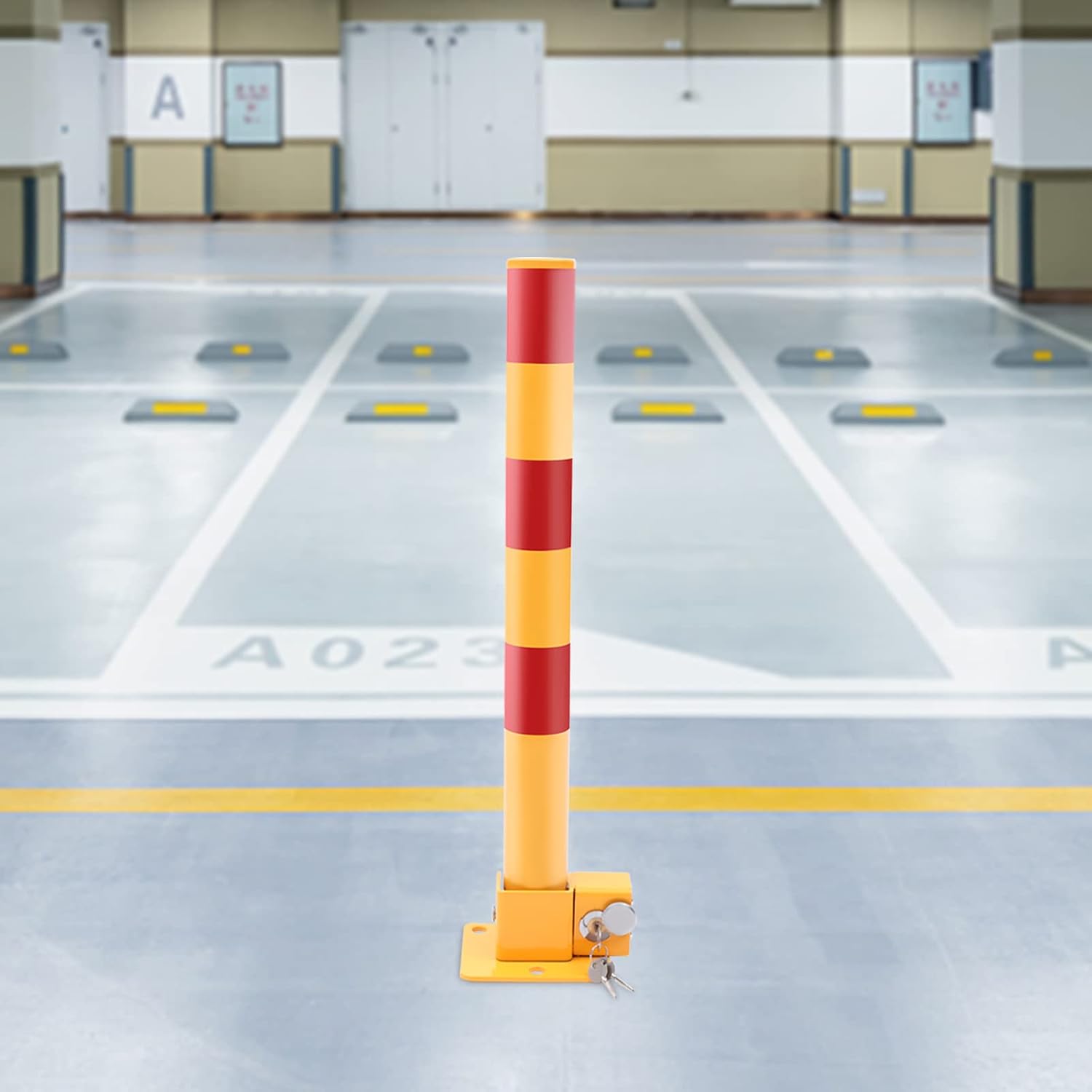 Parking Post and Base With Lock, Parking Barrier Post Parking Blocker Driveway Blocker 23.6 Inch Parking Lock Personal Garage Driveway Barrier Safety Parking Barrier Traffic Pole, Yellow + Red