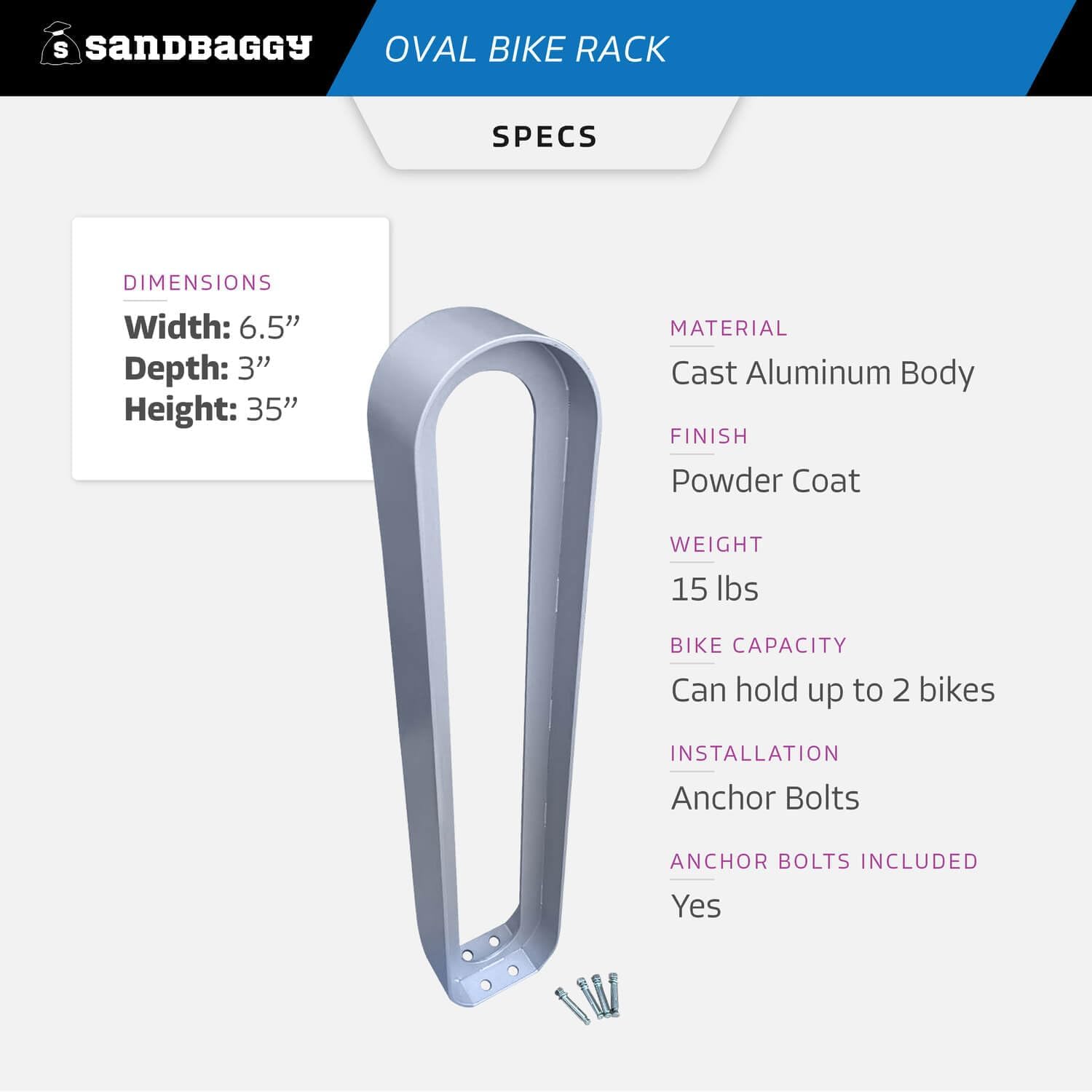 Sandbaggy Modern Commercial Bike Rack | 6.5” x 3” x 35” Oval Design | In-Ground | Anchor Bolts Included (White, 20)