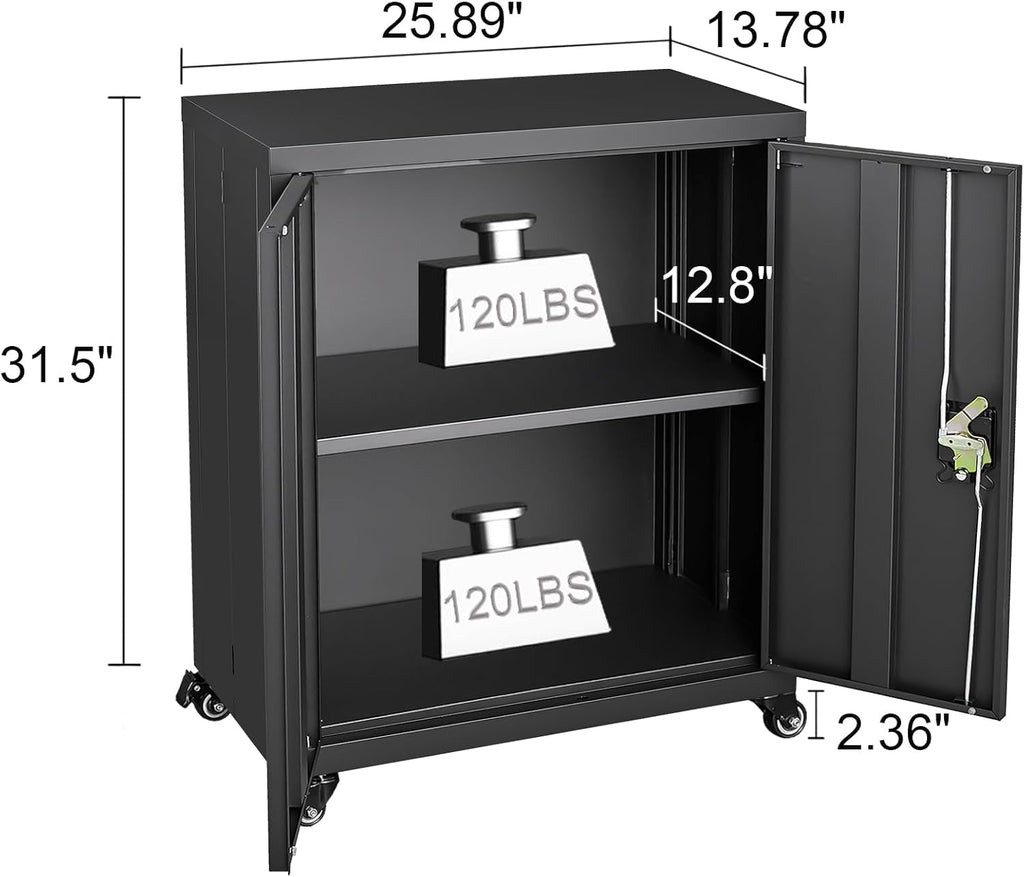 GREATMEET Garage Cabinets with Wheels, Black Garage Storage Cabinets with Doors and Adjustable Shelves，Rolling Lockable Metal Garage Storage Cabinets for Home Office Utility Room