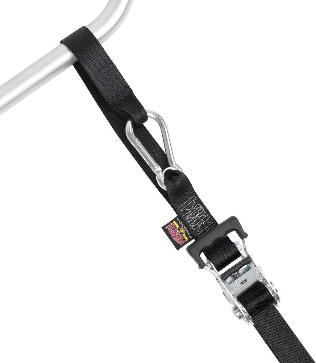 PowerTye - Made in USA - Extra Long Ratchet Tie Down Straps, Heavy Duty with Carabiner Hooks, Soft-Tye & Bag, for Motorcycle, ATV & Cargo, 1,000 lb WLL, 1.5 inch x 10ft Long, Black/Black (Pair)