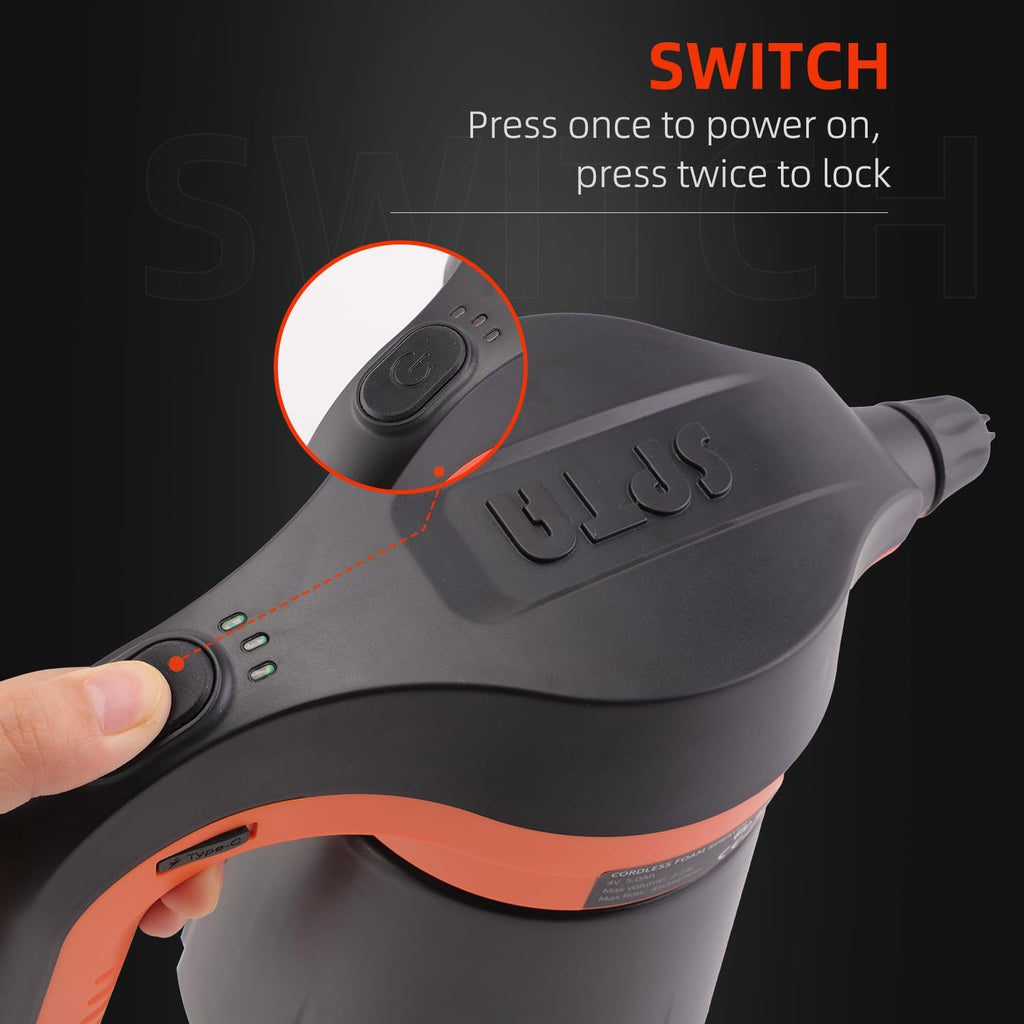 SPTA Electric Pressurized Soap Sprayer - 2.25L/76 oz Cordless Car Foam Sprayer with 500ML Car Wash Shampoo for Detailing