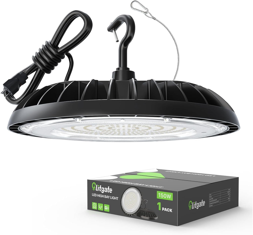 LED High Bay Light 150W, 21000lm 5000K UFO Led High Bay Light(600W MH/HPS Equiv.), Commercial Bay Lighting with 5ft Cable US Plug for Garage Shop Barn Warehouse