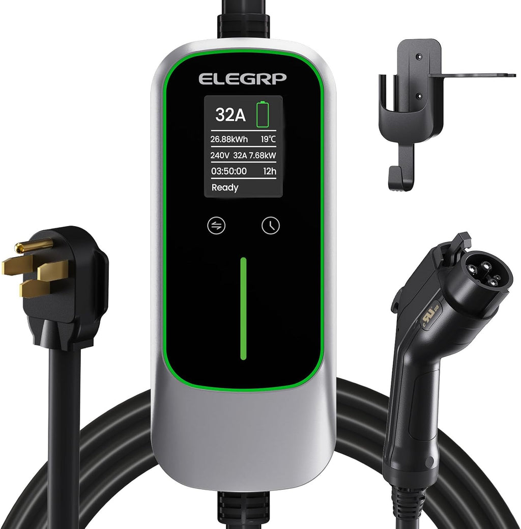 ELEGRP Level 2 EV Charger for Home, 32 Amp, ETL Certified, PBE & LCD Technology, 25ft J1772 Cable with NEMA 14-50 Plug, Plug and Play, 240V for BEVs/PHEVs