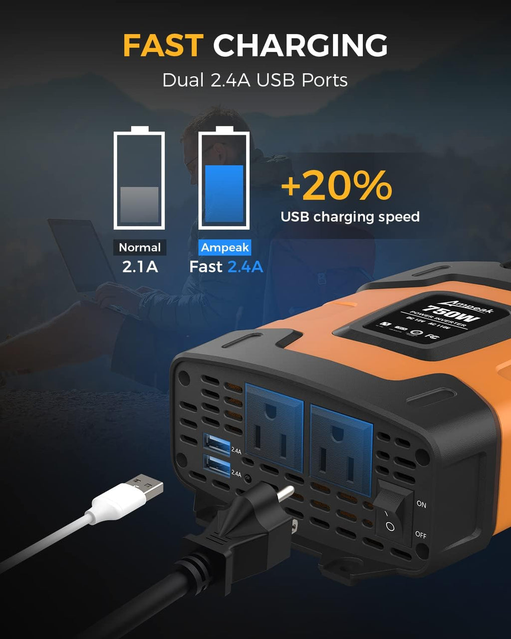 Ampeak 750W Power Inverter 4.8A Dual USB Ports 2 AC Outlets Car Inverter DC 12V to AC 110V 11 Protections for Appliances