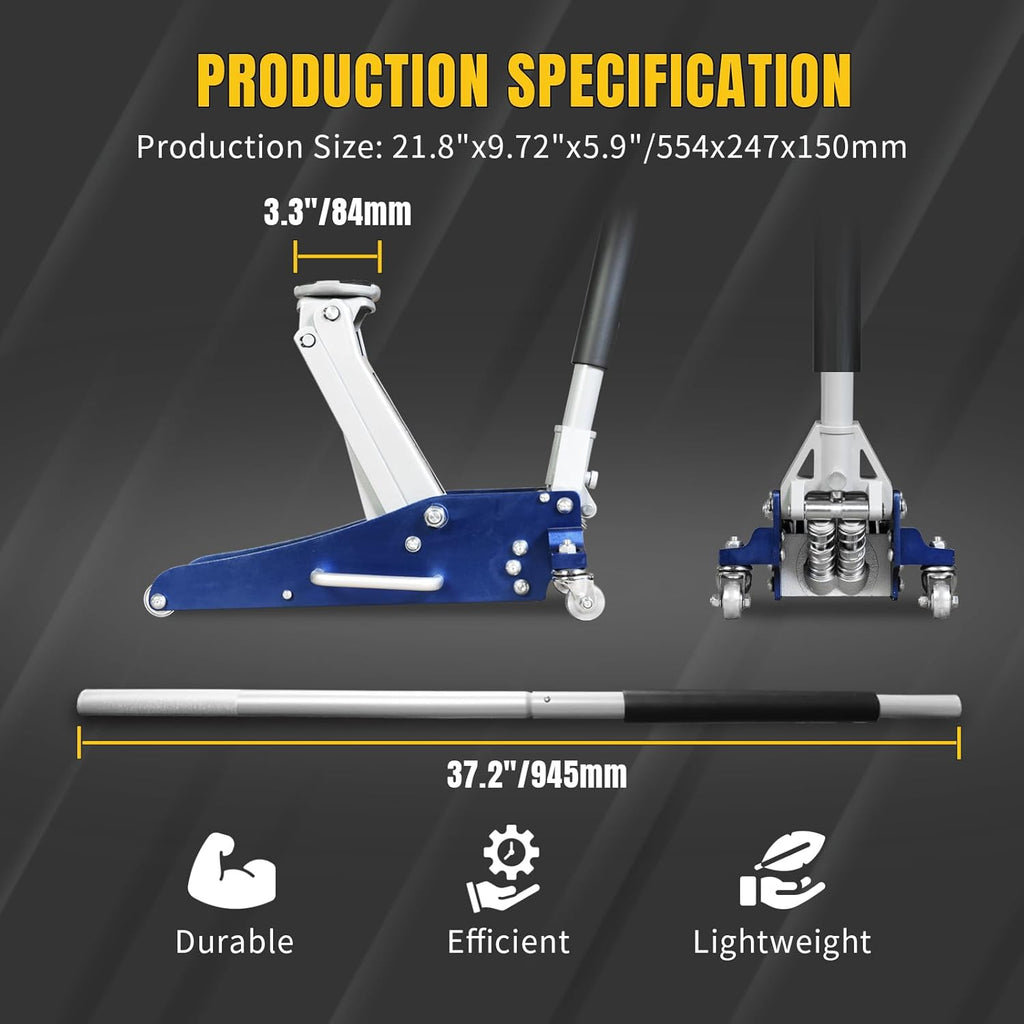 YELLOW JACKET Floor Jack 1.5 Ton Hydraulic Low Profile Aluminum and Steel Car Jack Lightweight Service Jack with Quick Lift Dual Pump, 3300 lbs Capacity