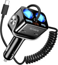 5 in 1 Cigarette Lighter Splitter with 5ft Coiled Cable, 2-Socket Cigarette Lighter Adapter, Dual Car Charger Splitter, 12V/24V Splitter for iPhone/iPad//GPS/Dash Cam/Laptop