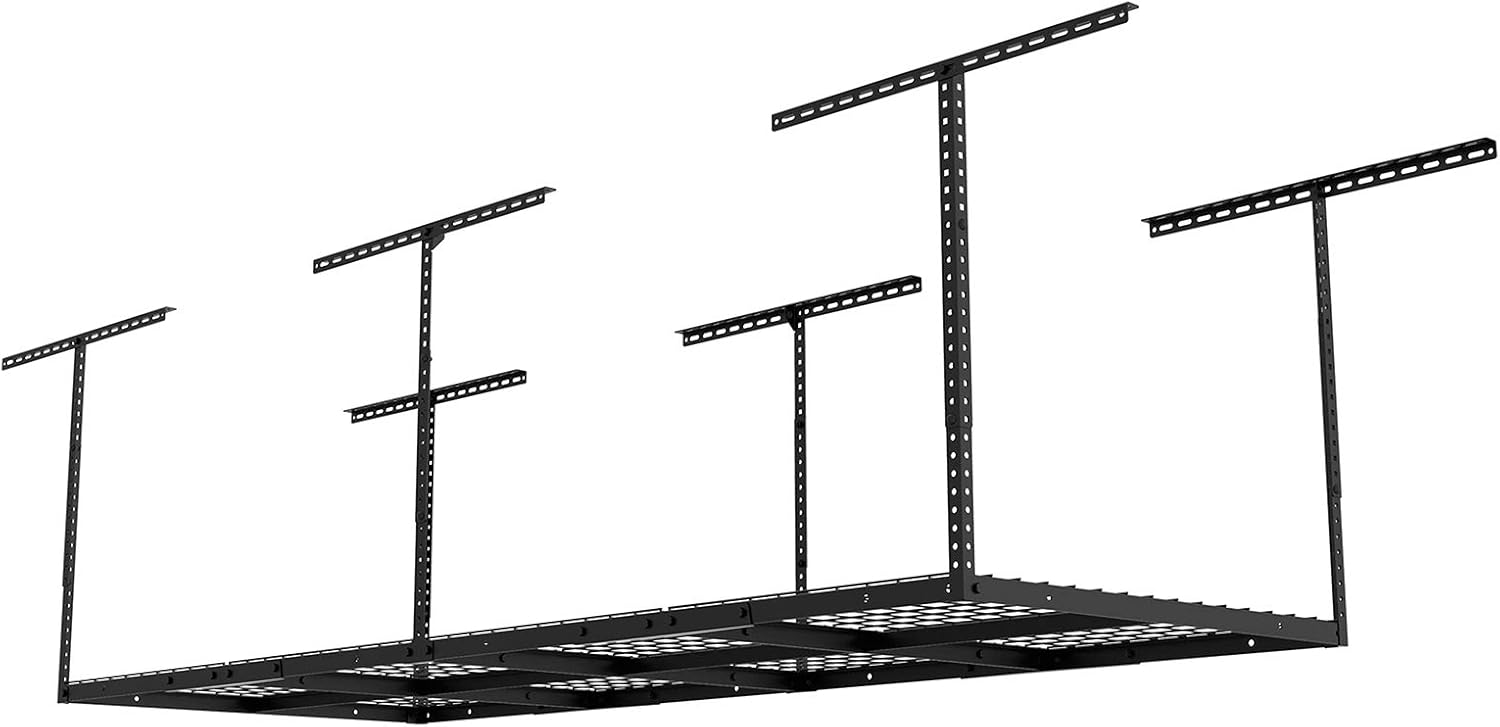 3ftx8ft Overhead Garage Storage Rack, Heavy-Duty Metal Garage Ceiling Storage Rack, 22''-40" Adjustable Ceiling Drop-Down, 600 lb. Loading Weight Capacity, Black