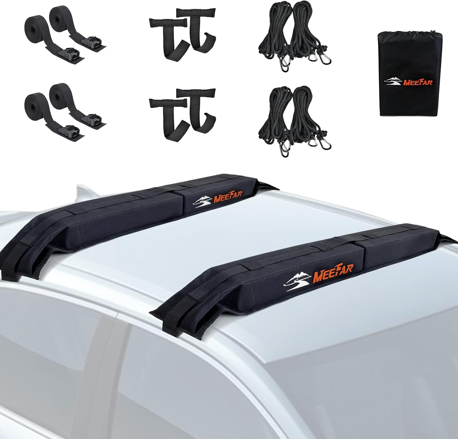 MeeFar Universal Car Soft Roof Rack Pads Luggage Carrier System for Kayak Surfboard SUP Canoe Include 2 Heavy Duty Tie Down Straps, 4 Tie Down Rope, 4 Quick Loop Strap and Storage Bag