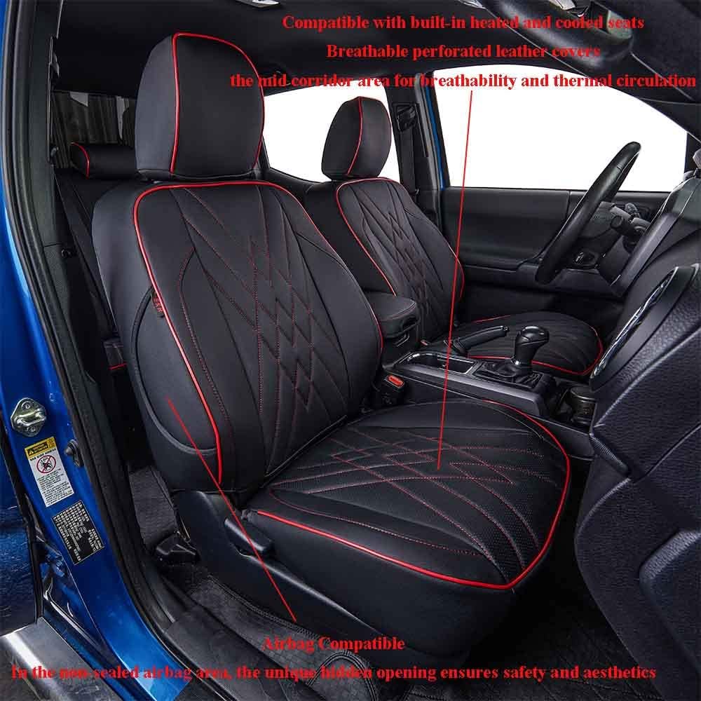 EKR Tacoma Front Car Seat Covers for Toyota Tacoma 2012 2013 2014 2015 (Regular Seats) Custom Leather Truck Seat Cover - Front Row Only, Leather (Black with Red Trim)