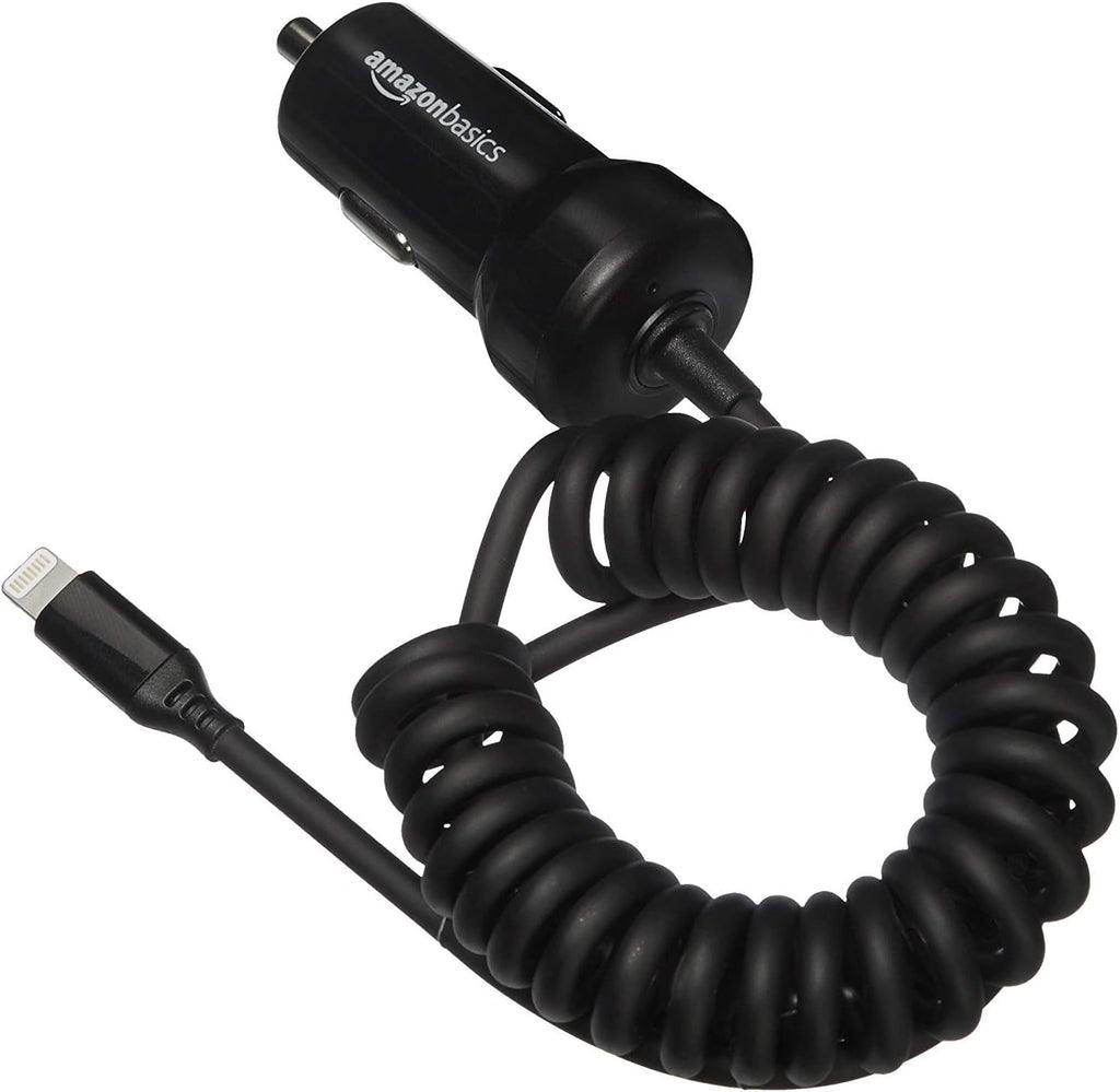 Amazon Basics 12W (5V, 2.4A) Fast Charging Car Charger with Coiled Lightning Cable for iPhone, iPad and Apple Devices, 1.5 ft - Black