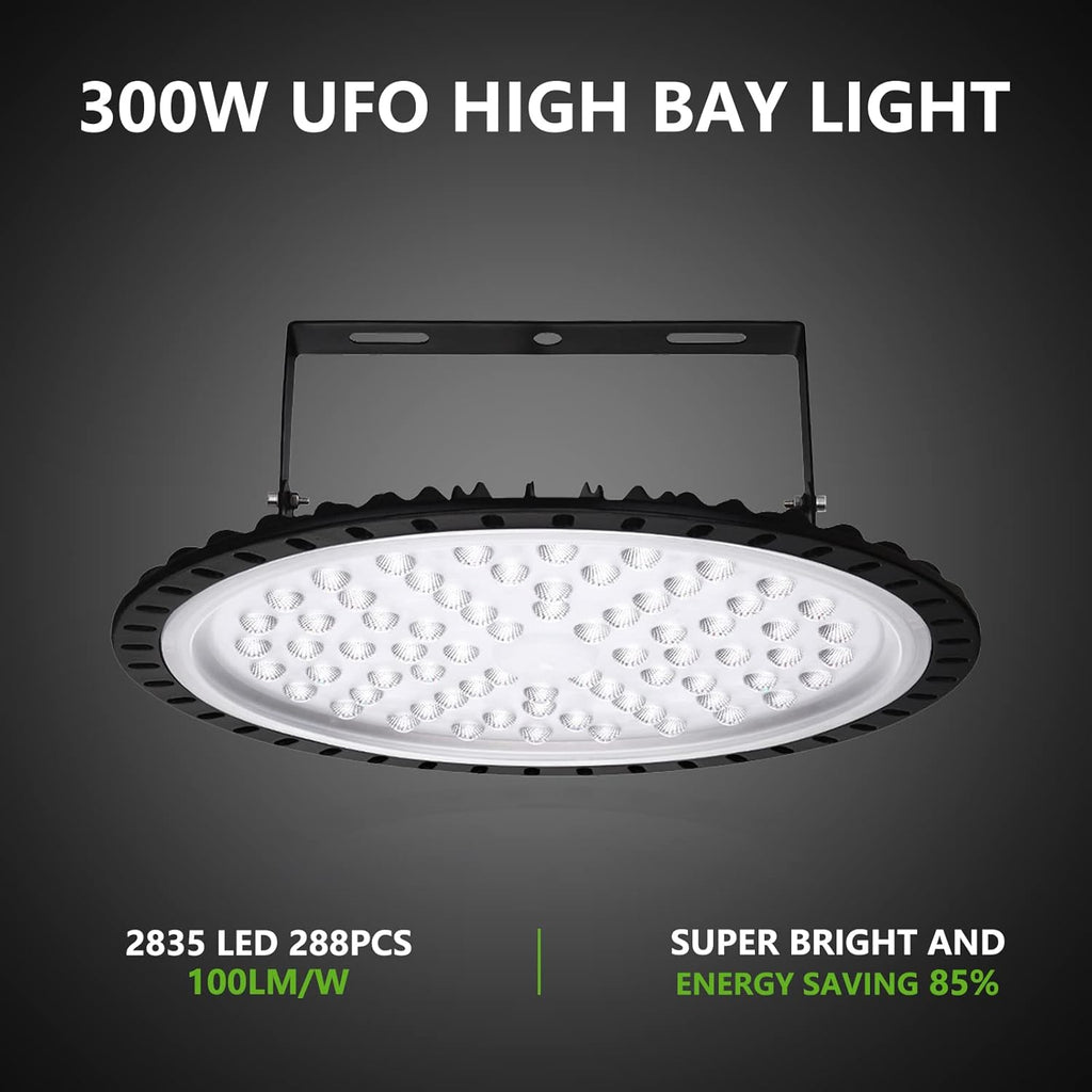 Viugreum 10 Pack 300W UFO LED High Bay Lights, 30000LM 6000K-6500K Daylight White Ultra Thin LED Warehouse Lighting, IP65 Waterproof Commercial Bay Lighting Garage Shop Area Light