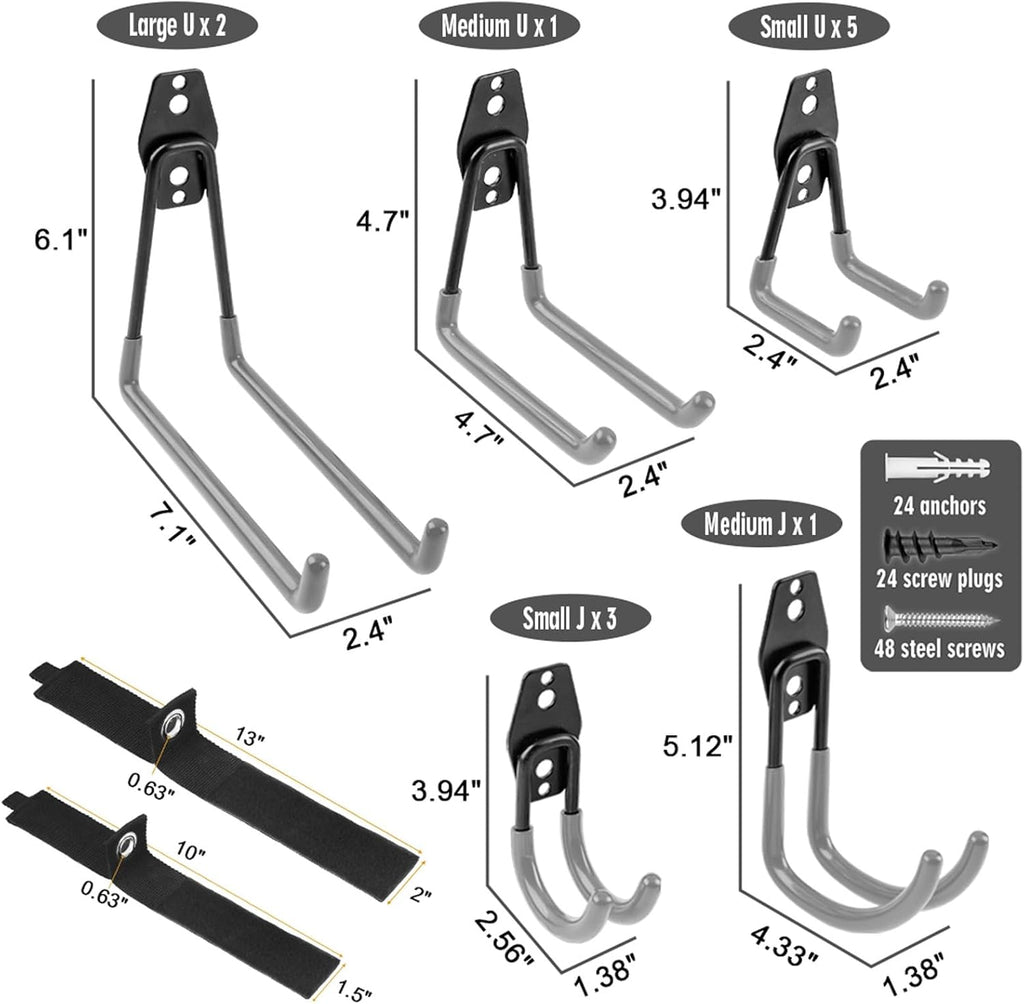 Garage Hooks Heavy Duty 14 Pack, Steel Garage Storage Hooks, Tool Hangers for Garage Wall Utility Wall Mount Garage Hooks and Hangers with Anti-slip Coating for Garden Tools, Ladders, Bulky Items