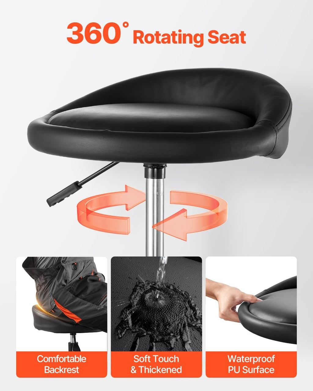 VEVOR Industrial Black Pneumatic Garage Seat/Work Stool with 300 lbs Capacity, Adjustable Height Roller Creeper Seat, 360 Swivel Padded Workshop Stool with Casters, for Garage, Shop & Auto Repair