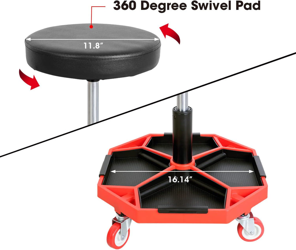Torin ATRXF8308B Pneumatic Mechanic Stool/Rolling Shop Creeper Seat with Adjustable Height and 4 Removable Tool Trays, 300 lb Capacity, Black/Red