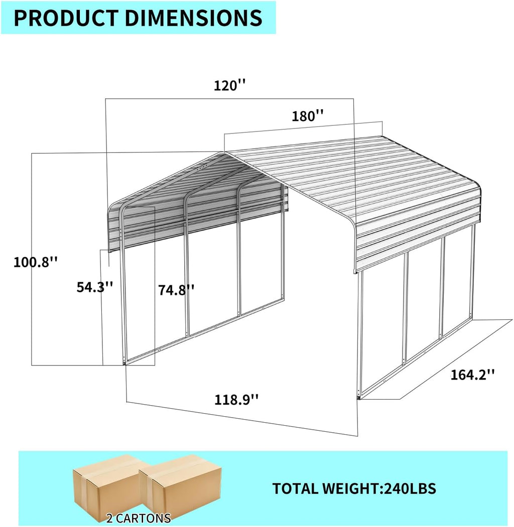 10x15 FT Metal Carport, Heavy Duty Car Port Canopy with Galvanized Steel Roof & Frame, Large Metal Carport Kit, Steel Car Shelter, Outdoor Car Garage for Car, Boat, Truck, Black
