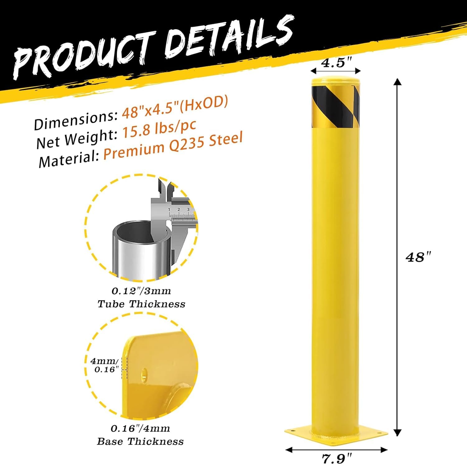 2 Pack Safety Bollard Post, 48 Inch Height 4.5 Inch Diameter Yellow Pipe Safety Steel Bollards with Anchor Bolts and Wrench, Steel Bollards for Road Warning Construction Traffic Control