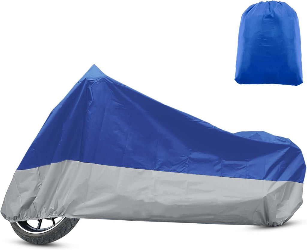 X AUTOHAUX Motorcycle Cover for Harley Davidson for Honda for Suzuki All Season Waterproof Sun Outdoor Protection Motorbike Cover Fits Up to 86.61'' Motorcycles Cover L Blue Silver Tone