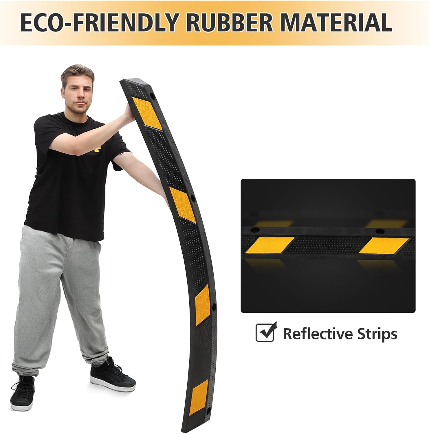 Heavy-Duty Rubber Parking Curb1 with 8 Reflective Strips - 72.8" Extra Wide Vehicle Stopper, 55,000 lb Capacity for Driveways, Garages & Commercial Lots (1 Pack)