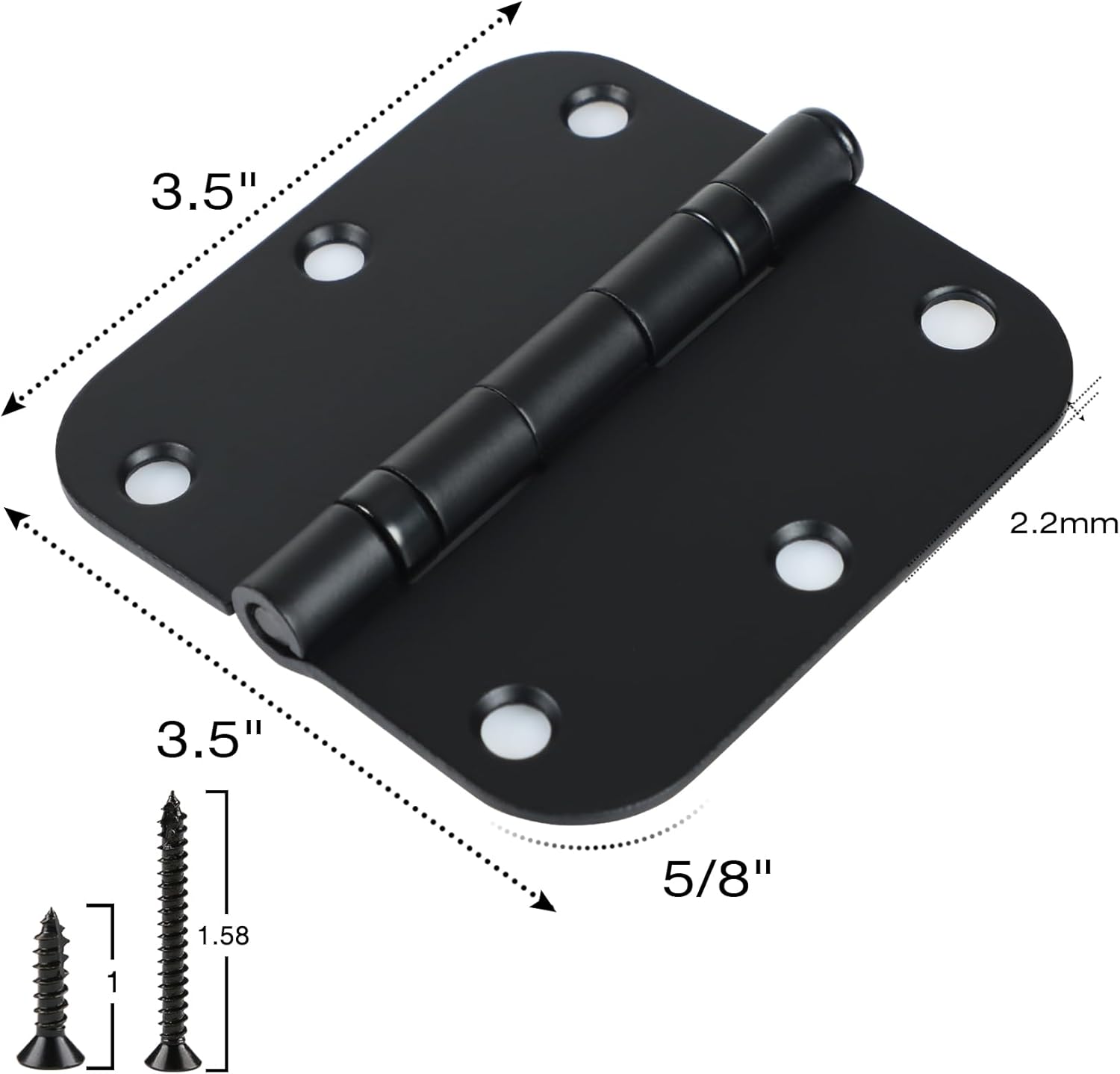 12 Pack Anti Squeak Matte Black Door Hinges 3.5 Inch 5/8" Radius Round Ball Bearing Interior 3-1/2"Flat Bifold Standard Bedroom Indoor for Doors 3 ½" Hardware Essentials House Home Decor Accessories