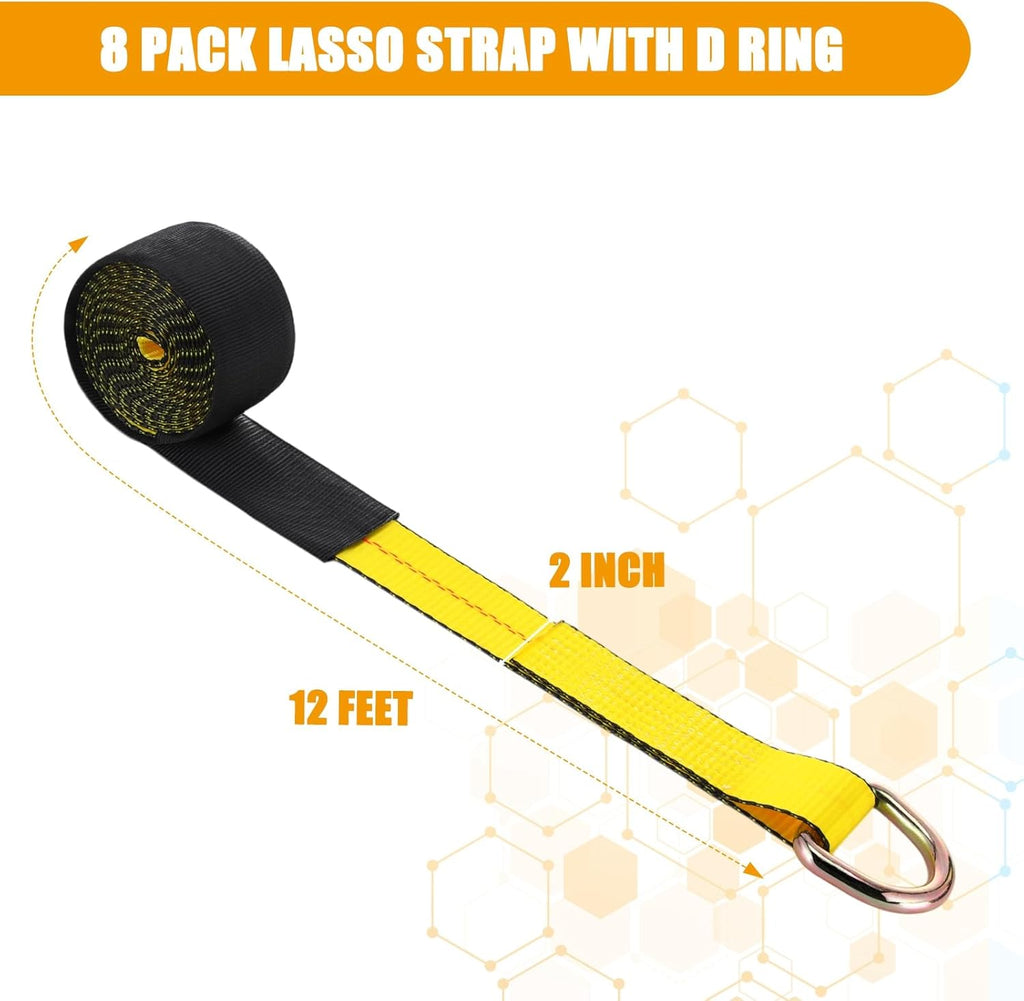 8 Pack 2'' x 12ft Tow Truck Straps Lasso Wheel Lift Straps Lasso Tow Strap with D Ring 11, 000 Lbs Break Strength Auto Tie Down Auto Hauler for Trailer Truck Tie