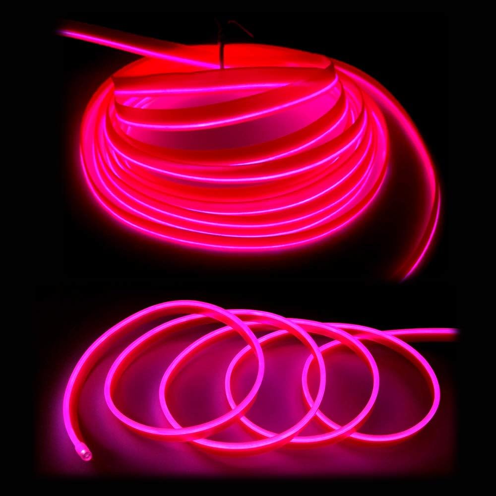 El Wire Pink Interior Car LED Strip Lights, 5M Neon Wire USB 5V with Fuse Protection for Automotive Interior Decoration, with 6mm Sewing Edge