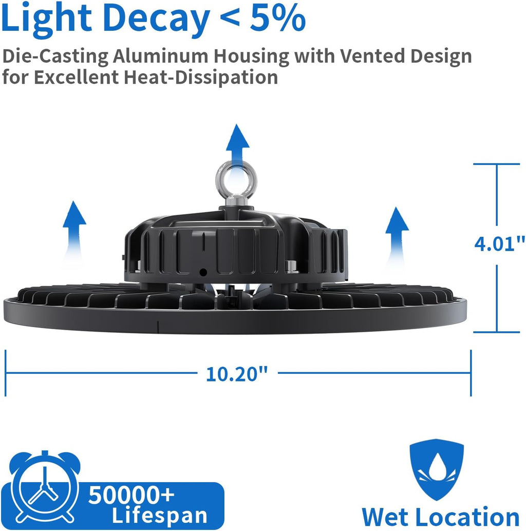 6 Pack UFO LED High Bay Light 150W, 21000 LM, 5000K with 5ft Power Cord, US Plug, Bright LED Shop Light for Basement Commercial Factory Garage Lighting, IP66 Waterproof, AC110-277V, ETL Listded