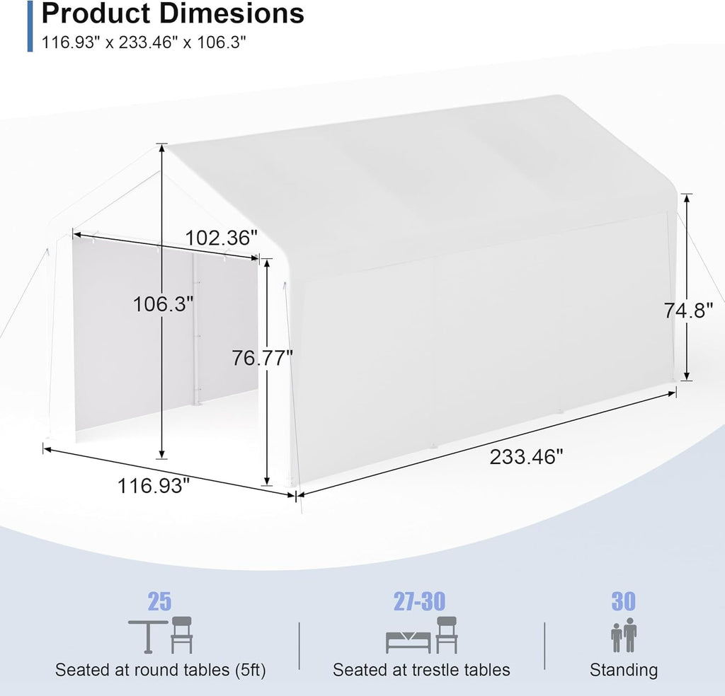Carport, 10‘ x 20’ Heavy Duty Portable Garage All-Season Car Canopy w/Removable Sidewall & Doors, Carport Canopy Party Tent w/Water-Resistant Tarp for Backyard (White, 10‘ x 20’)