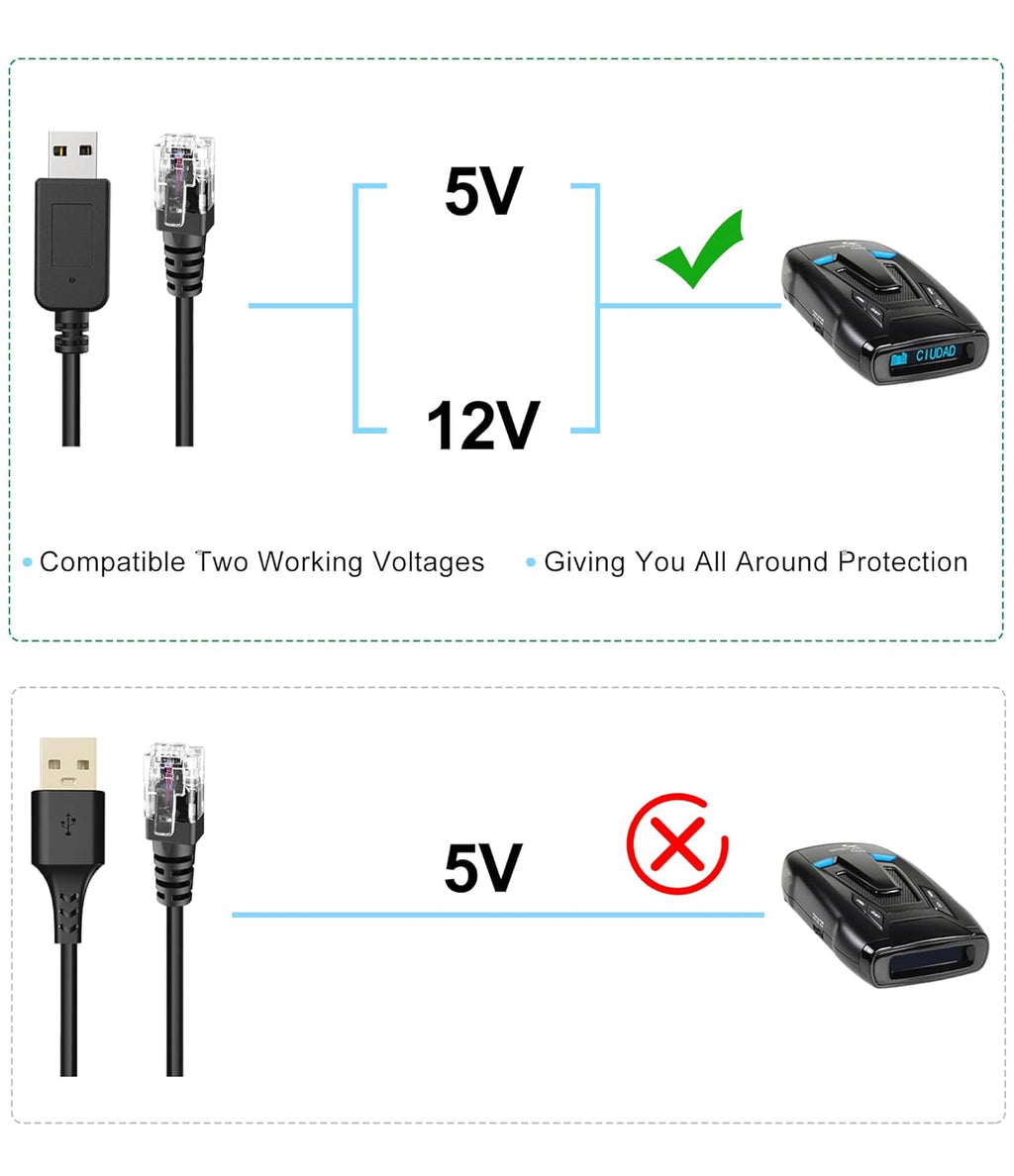 Radar Detector Cable with USB to RJ11 Plug,Power Cable for Radar Detectors,USB 5V-12V Power Cable,for Escor t Radenso XP Beltronics Whistler Radar Detector(RJ11-6.56FT)