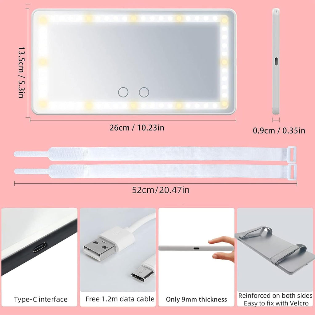 Car Visor Mirror with Rechargeable LED Light - 3 Light Modes & Dimmable Touch Screen - Clip on Big Sun Visor Vanity Mirror for Truck - Passenger Princess Car Accessories for Women Girl- White
