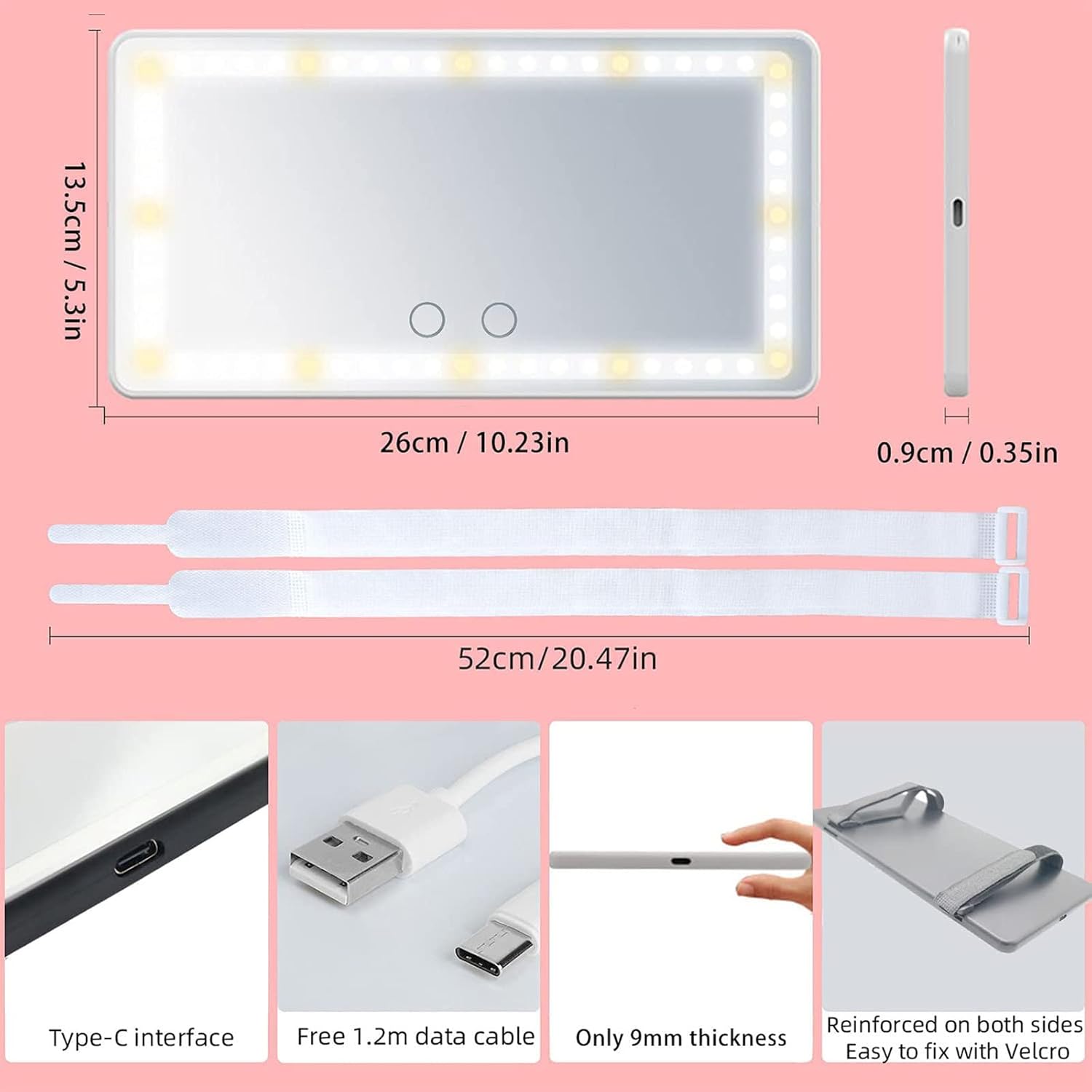 Car Visor Mirror with Rechargeable LED Light - 3 Light Modes & Dimmable Touch Screen - Clip on Big Sun Visor Vanity Mirror for Truck - Passenger Princess Car Accessories for Women Girl- White