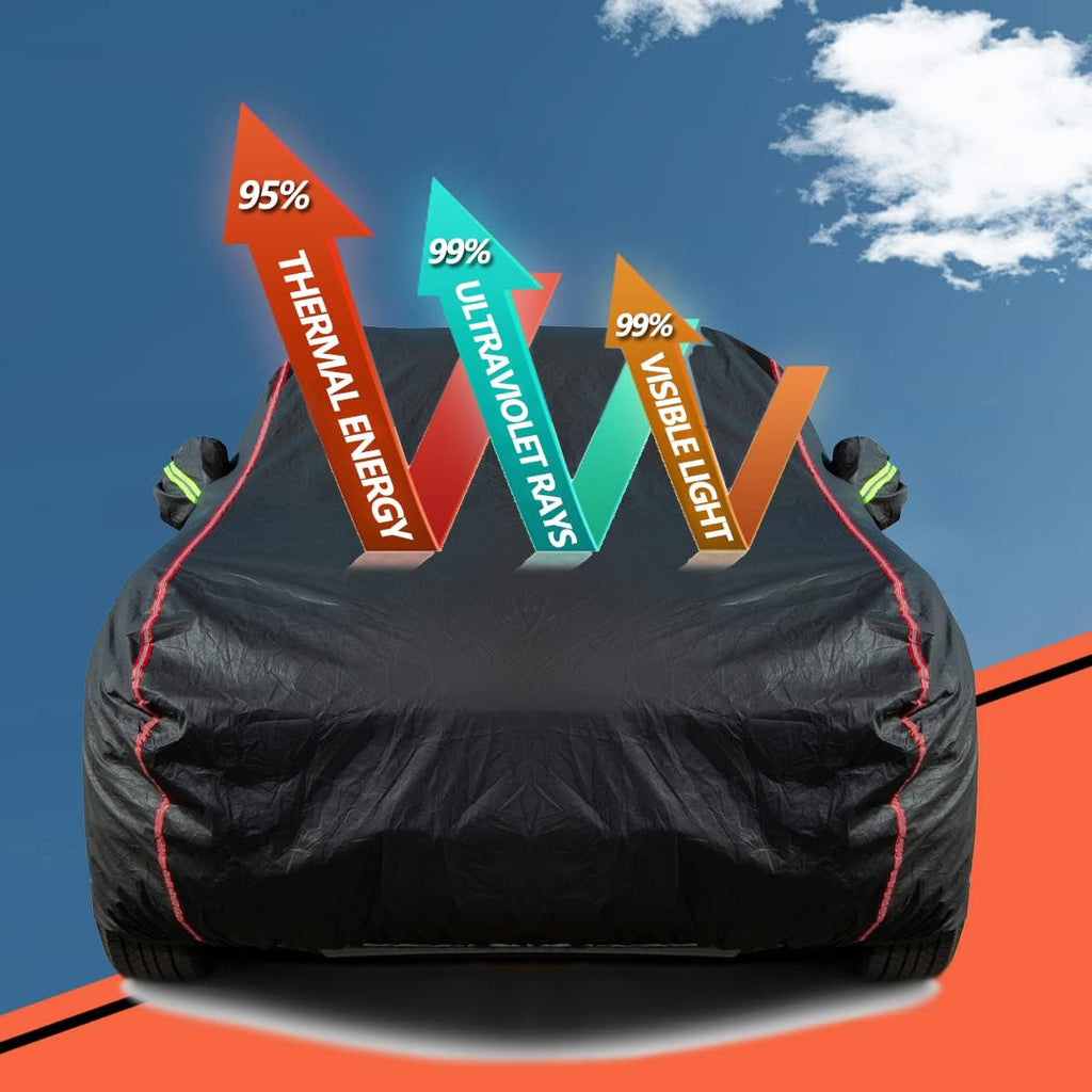 AUQDD 6-Layers PEVA New Material Sedan SUV Full Padded Car Cover Waterproof All Weather Weatherproof UV Sun Protection Snow Dust Storm Resistant Outdoor Exterior Custom Form-Fit Straps 205"-216" Black