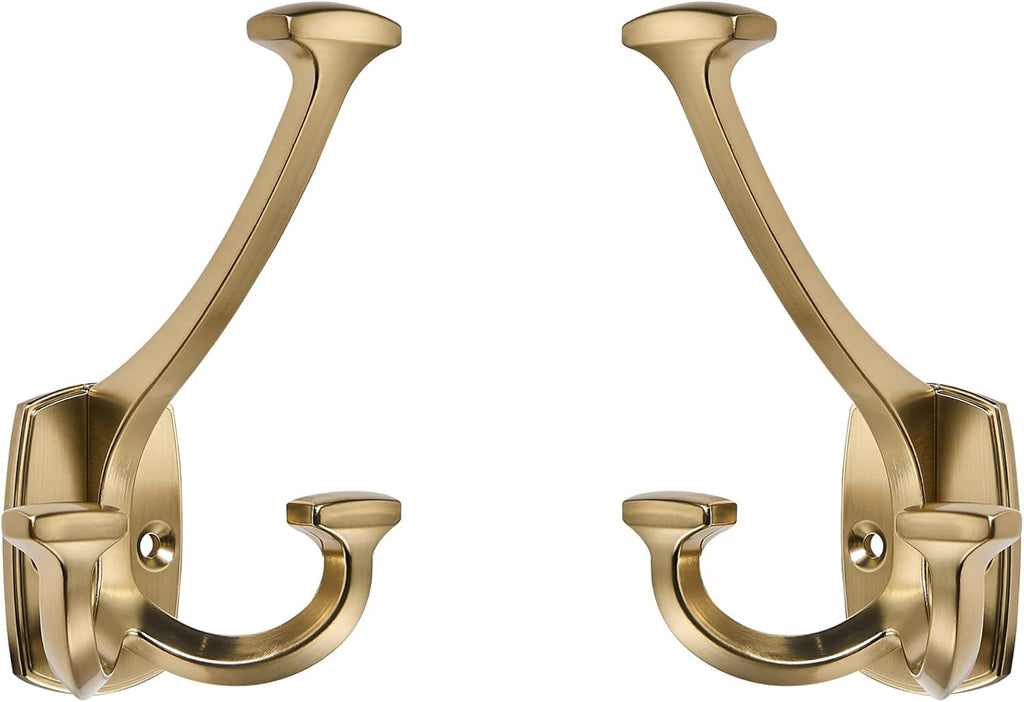 Large Wall Double-Sided Hook 5 Pack Champagne Brozne Hook Decorative Heavy Duty Solid Large Coat Hooks for Towel Hanging Coats Robe Towel Bags Door Back 2 Prong Hooks