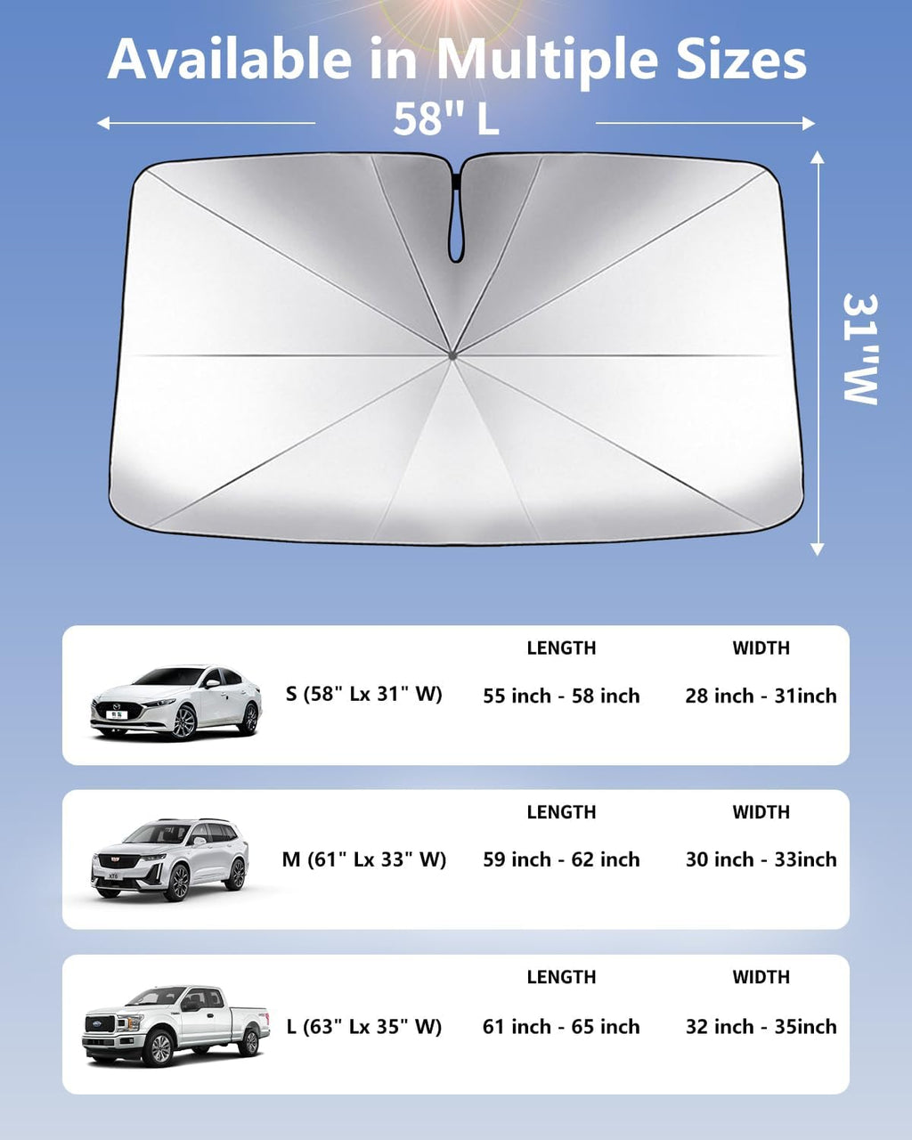 Foldable Windshield Sun Shade Umbrella – Reflective Car Window Cover for Front Windshield, Heat Blocker for SUV, Truck, Sedan – Easy Storage with Bendable Handle