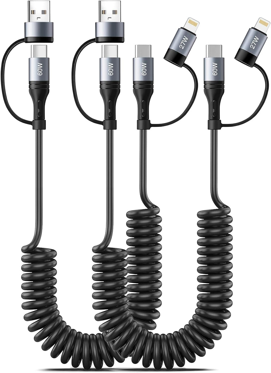 Coiled Lightning Cable [2Pack 4FT] 4 in 1 Multi Charging Cable 60W Fast Charging Retractable Charger Cord for iPhone 15/14/13/12/11 Pro Max/XS MAX/XR/XS/X/8/7/6 Plus/iPad/AirPods/MacBook/CarPlay