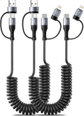 Coiled Lightning Cable [2Pack 4FT] 4 in 1 Multi Charging Cable 60W Fast Charging Retractable Charger Cord for iPhone 15/14/13/12/11 Pro Max/XS MAX/XR/XS/X/8/7/6 Plus/iPad/AirPods/MacBook/CarPlay