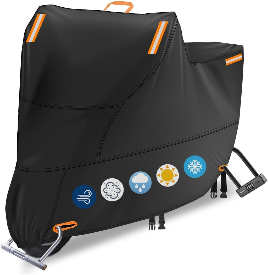 Motorcycle Covers Waterproof Outdoor Storage, Heavy Duty Motorbike Scooter Cover All Weather Protection with 4 Reflective Strips, 2 Lock-Holes, 2 Windproof Buckles (3XL: 95 x 37 x 49 inch)