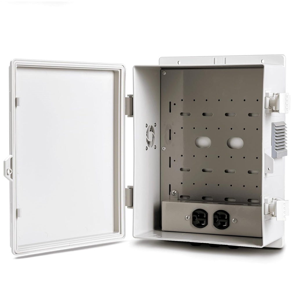 Outdoor Electrical Junction Box, ABS Water Resistant Enclosure with Internal Mounting Panel & Hinged Cover (13" H* 9.2" L* 4.6" W & Outlet)