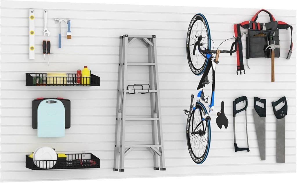 Slatwall Panel Wall Storage Systems, 4x8 ft Slat Wall Paneling Garage Wall Organizer with Five Hooks, Heavy Duty Wall Mounted PVC Wall Rack, White