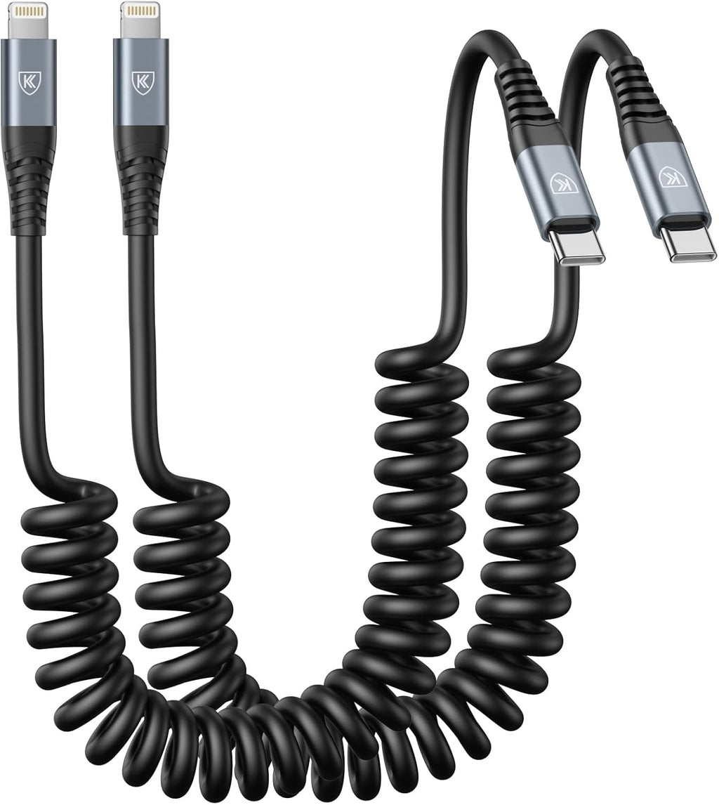 KIYODA USB Type C to Lightning Cable 6FT 2Pack, Coiled iPhone Charger Fast Charging for CarPaly Short USBC iPhone Cord for iPhone14/13/12/11 Pro Max/iPad/CarPlay-Black