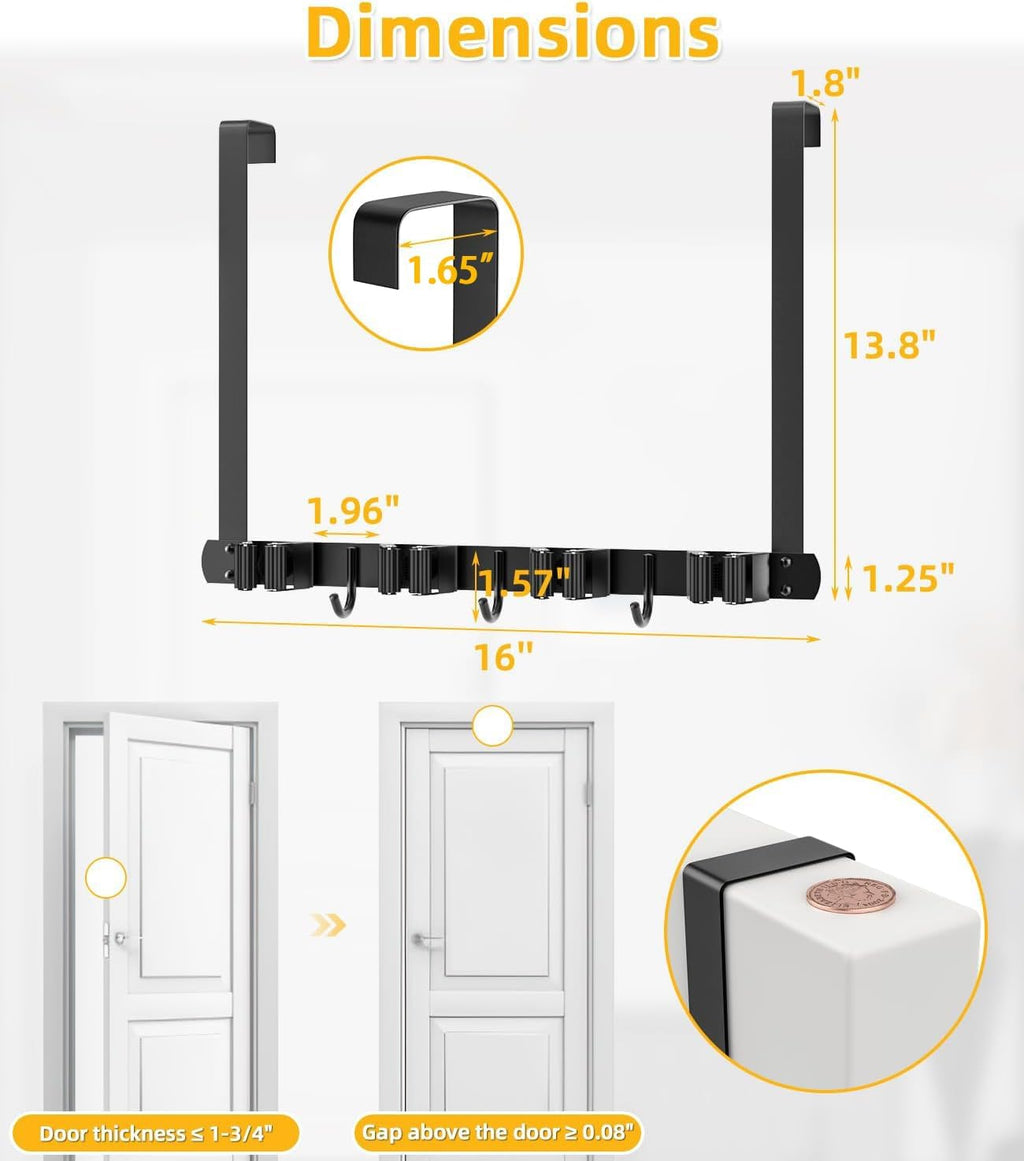 Broom Holder Over The Door 2Pack - 304 Stainless Steel Mop and Broom Hanger Wall Mounted or Hanging Over The Door with Hooks - Tool Organizer for Garage Closet Laundry Kitchen Decor