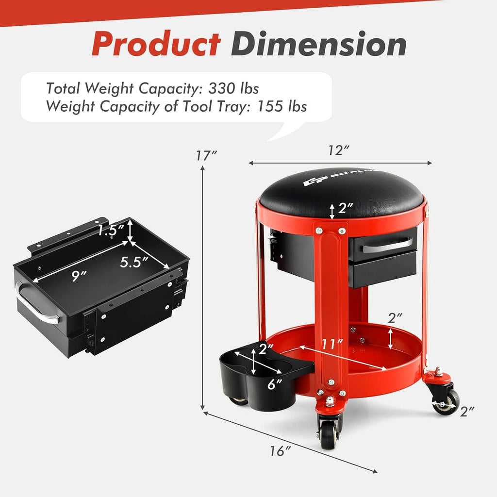 Goplus Rolling Mechanic Stool, Shop Stool Creeper Seat with Removable Padded Seat, 2 Drawers, Tool Tray, Twin Can Holder, Universal Wheels, Round Garage Workshop Chair, 330 Lbs Max Capacity