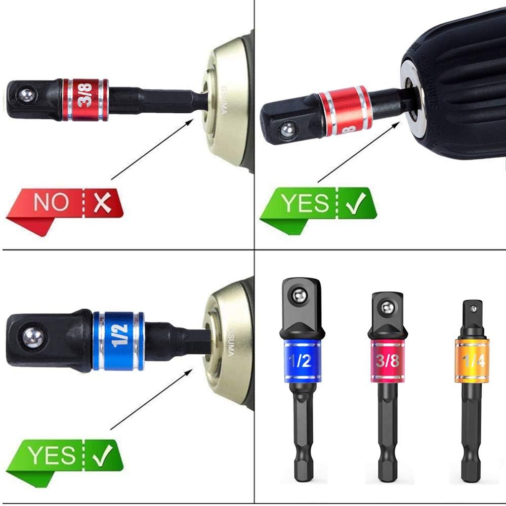 Impact Grade Power Hand Tools Driver Sockets Adapter Extension Set, 3Pcs 1/4 3/8 1/2" Hex Shank Drill Nut Driver Bit Set + 105 Degree Right Angle Driver Extension Screwdriver Drill Attachment