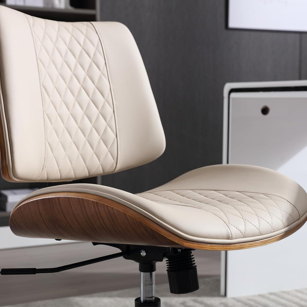Home Office Chair No Arms with Wheels, Adjustable Height Small Desk Chair, PU Leather Mid Back 360 Swivel Computer Chair, Armless Modern Walnut Chair for Office, Reading Meeting Room(Beige)