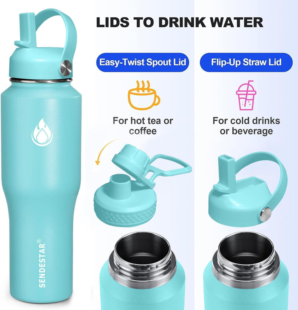 SENDESTAR 32oz Water Bottle Wide Mouth Stainless Steel Vacuum Insulated Double Wall with 2 Straw Lids Fit in Any Car Cup Holder TXIN-32-MT-1