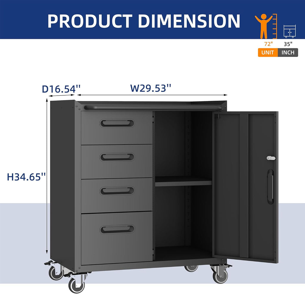 Metal Tool Cabinet,Garage Storage Cabinet System,Wall Cabinet & Locking Rolling Tool Cabinet with Doors and Adjustable Shelves,Steel Tool Cabinets for Home,Office (2 Pcs-StyleF, Black)