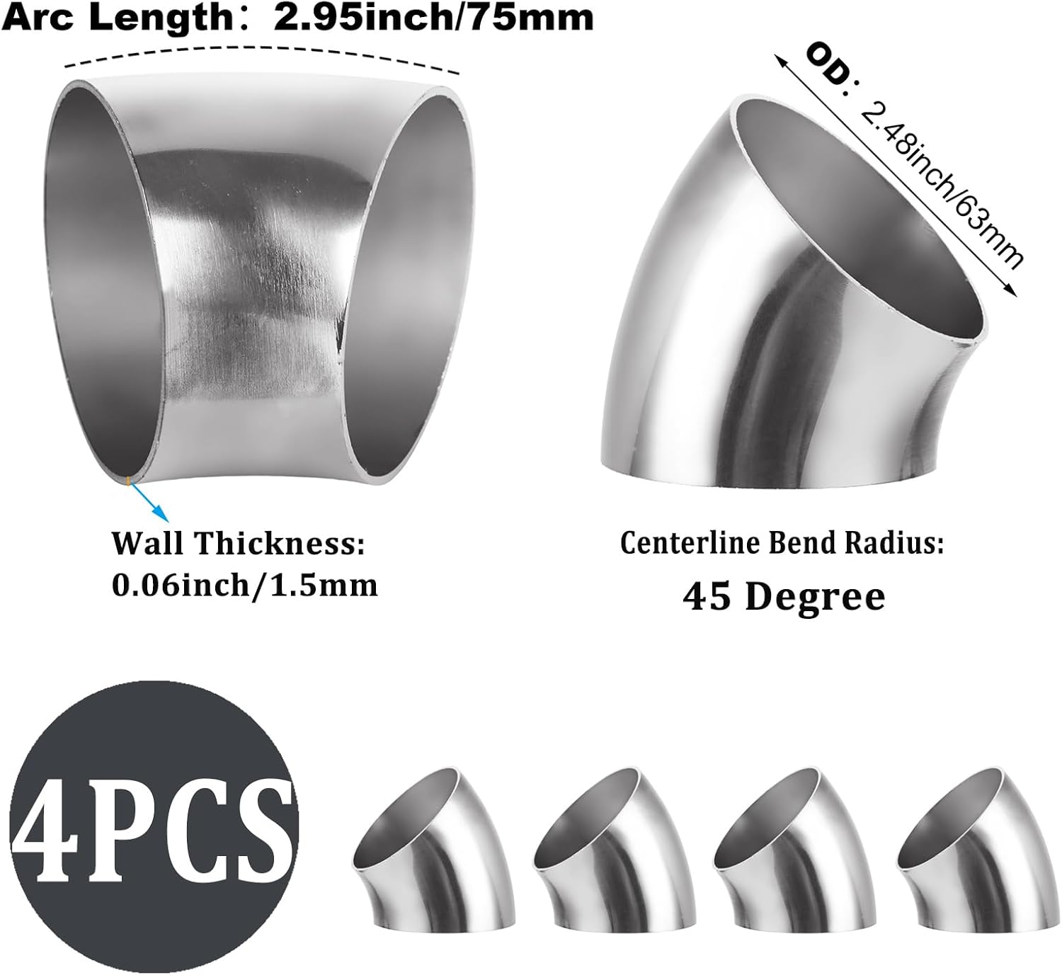 Acrux7 4 Pack 2.5 Inch 45 Degree Exhaust Elbow Pipe, 304 Stainless Steel Mandrel Bend Elbow Thickness 1.5 mm for Car Modified Exhaust, Stair Handrail, Exhaust System